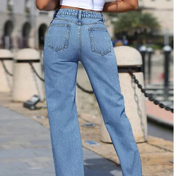 Womens Rhinestone Detail High Waisted Straight Leg Jeans - Picture 3 of 6